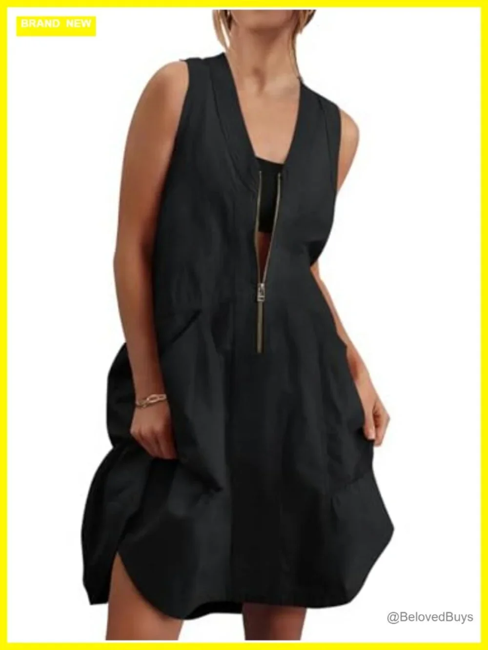 Sleeveless Tank Dress with Half Zip, V Neck, Mesh Back, Side Pockets, Loose Fit